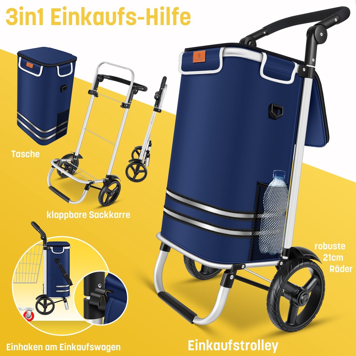 Boodschappentrolley met steekwagenfunctie – 2 in 1 – met koelvak – 56 liter – maximaal 50 kg – opvouwbaar – blauw - Afbeelding 7