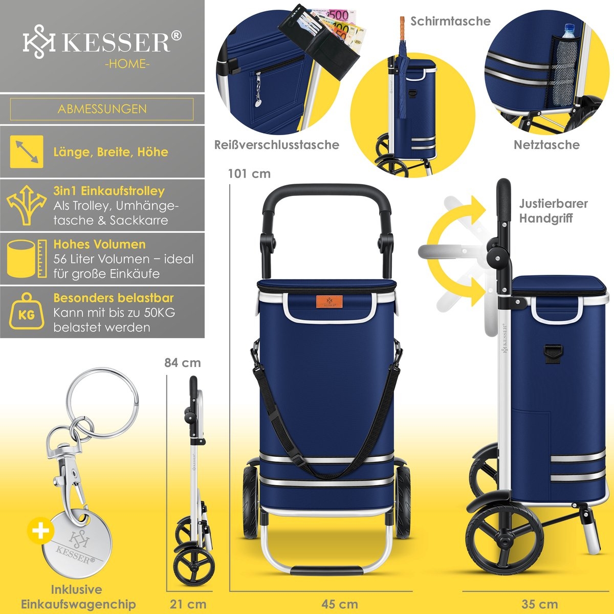 Boodschappentrolley met steekwagenfunctie – 2 in 1 – met koelvak – 56 liter – maximaal 50 kg – opvouwbaar – blauw - Afbeelding 9