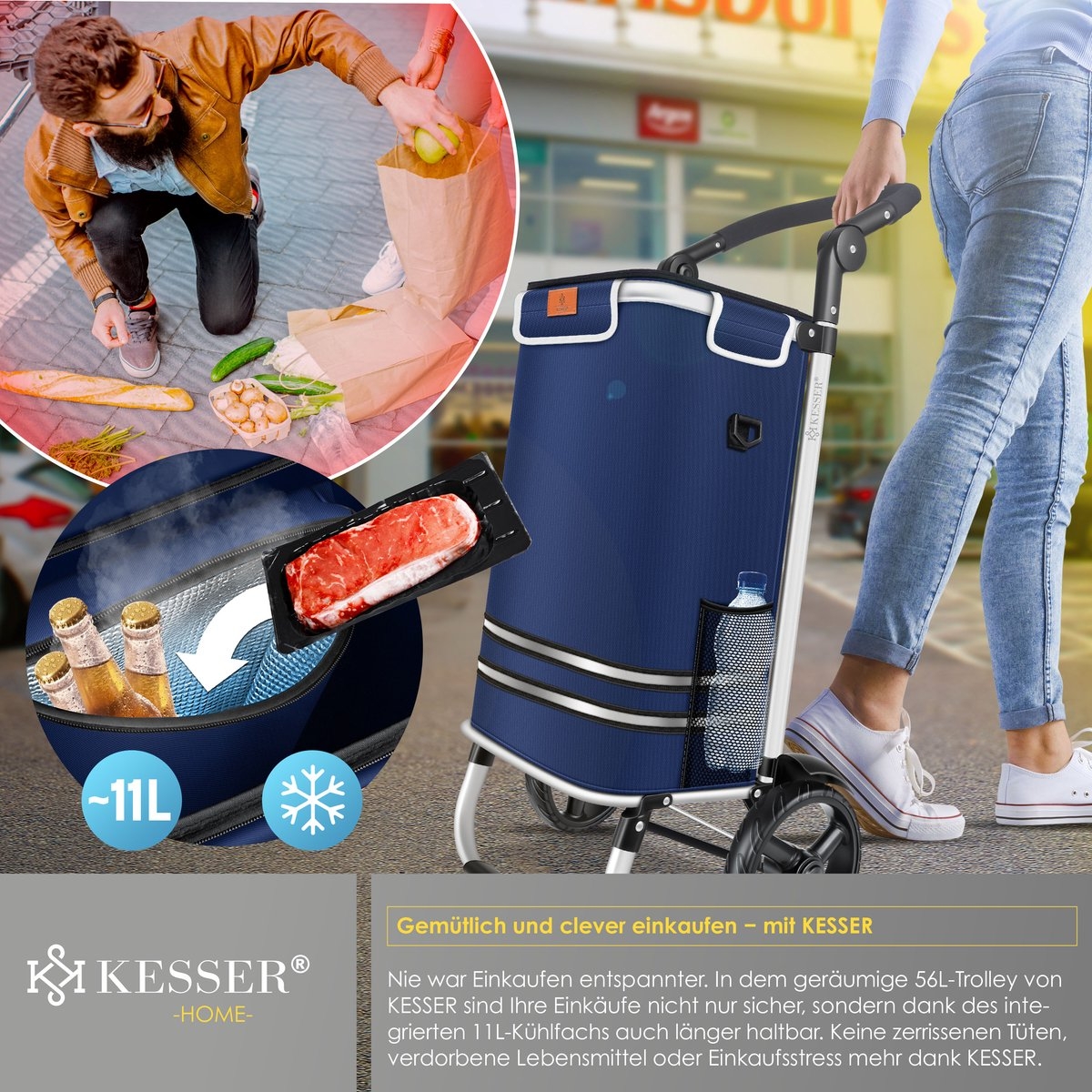 Boodschappentrolley met steekwagenfunctie – 2 in 1 – met koelvak – 56 liter – maximaal 50 kg – opvouwbaar – blauw - Afbeelding 10