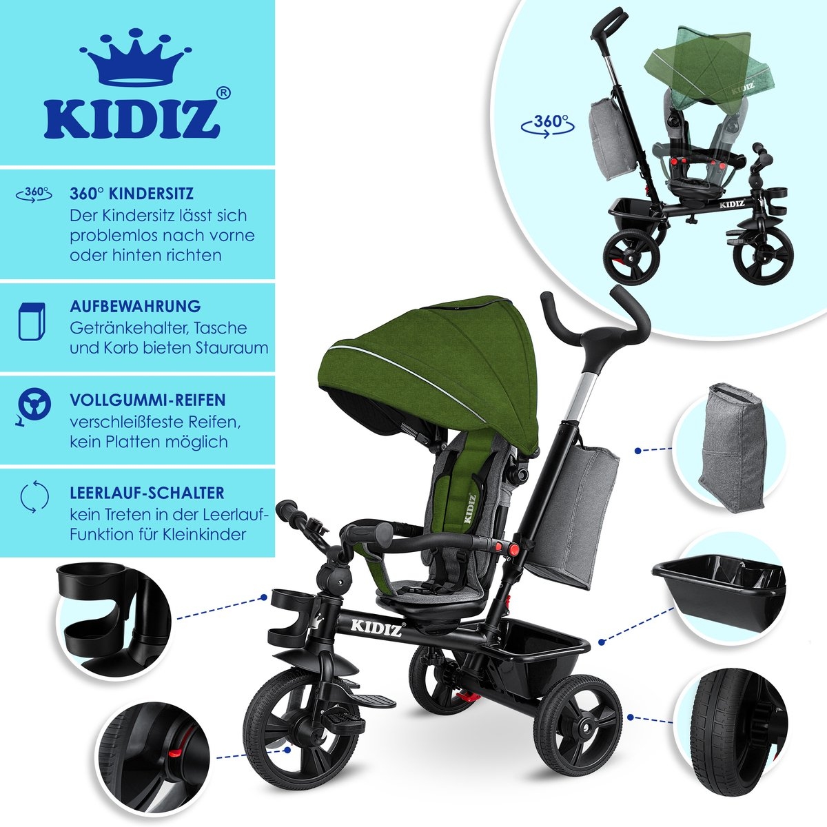 Kidiz – luxe driewieler – met vouwdak – pedalen en duw- en stuurstang – groen - Afbeelding 2
