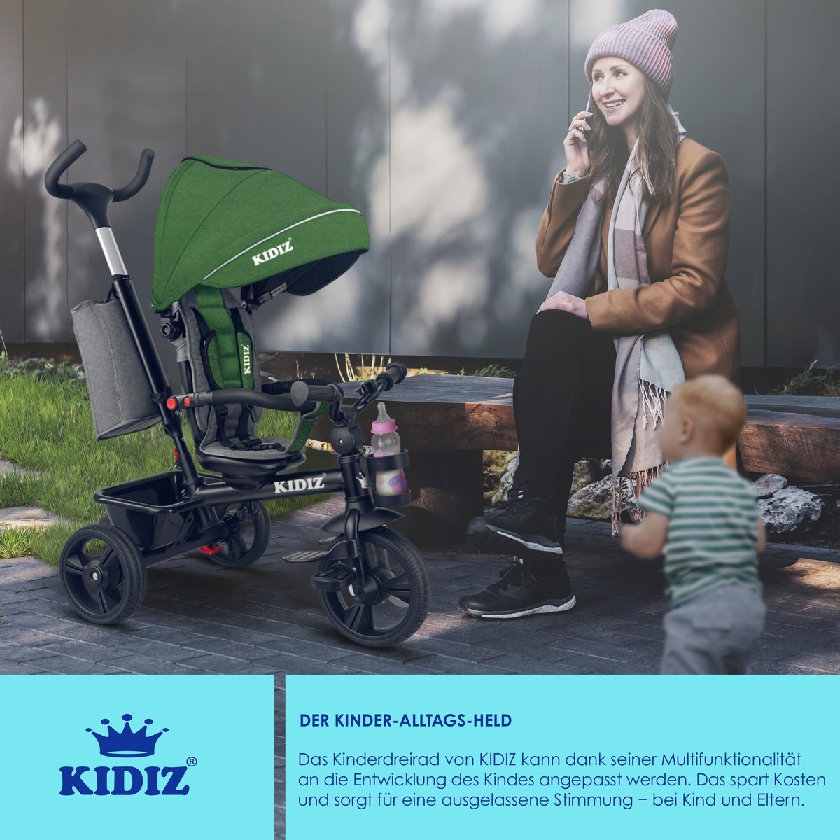 Kidiz – luxe driewieler – met vouwdak – pedalen en duw- en stuurstang – groen - Afbeelding 3