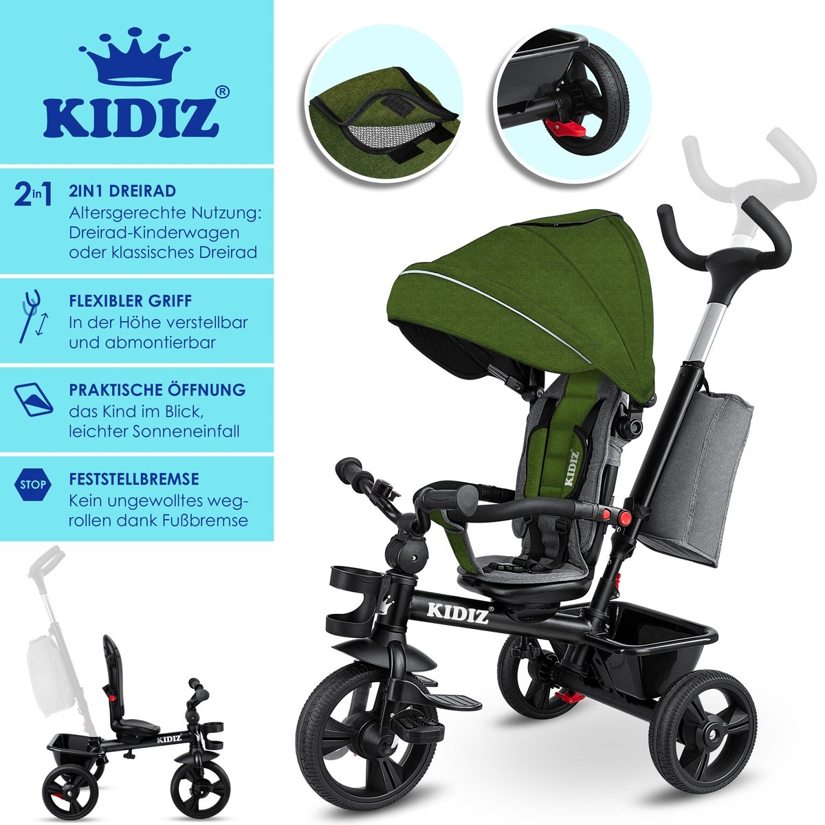 Kidiz – luxe driewieler – met vouwdak – pedalen en duw- en stuurstang – groen - Afbeelding 4