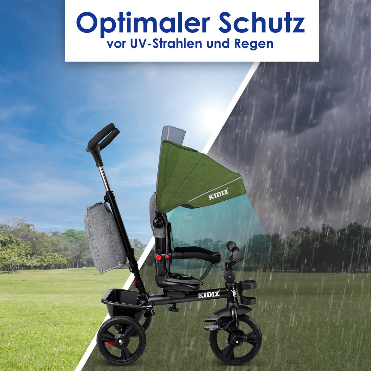 Kidiz – luxe driewieler – met vouwdak – pedalen en duw- en stuurstang – groen - Afbeelding 5