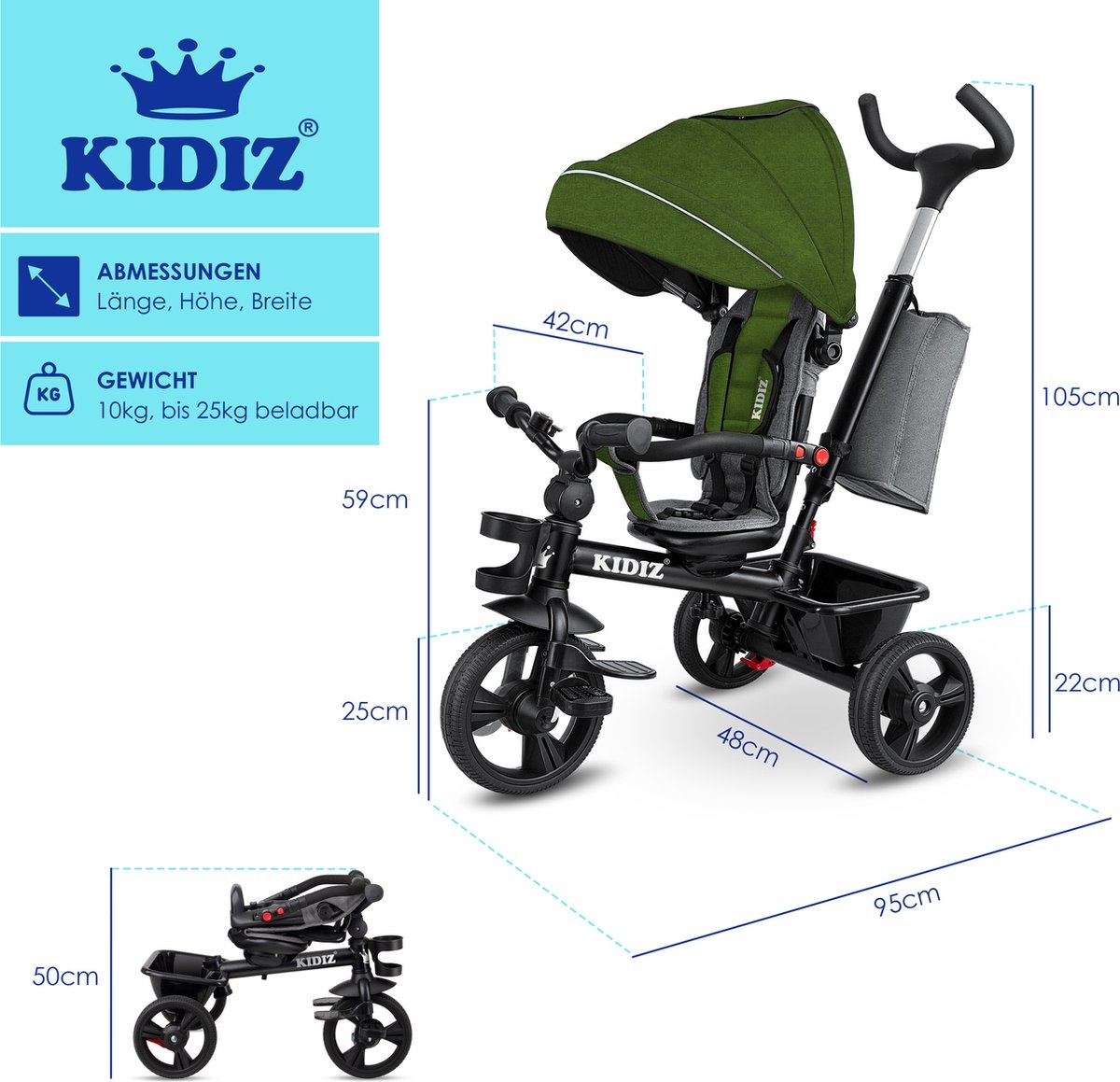 Kidiz – luxe driewieler – met vouwdak – pedalen en duw- en stuurstang – groen - Afbeelding 6
