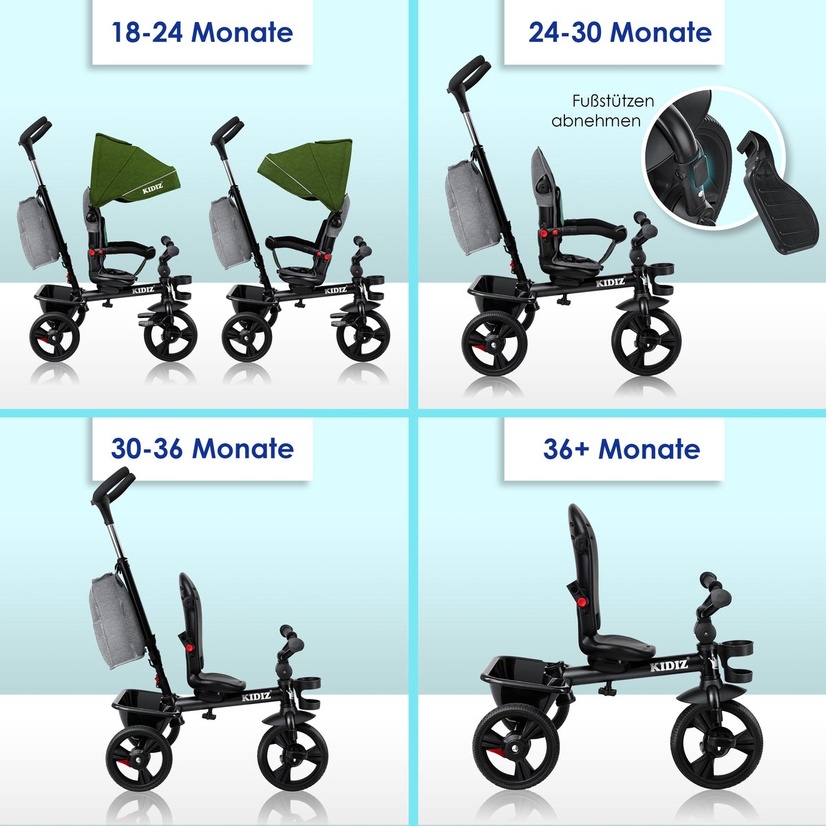 Kidiz – luxe driewieler – met vouwdak – pedalen en duw- en stuurstang – groen - Afbeelding 8