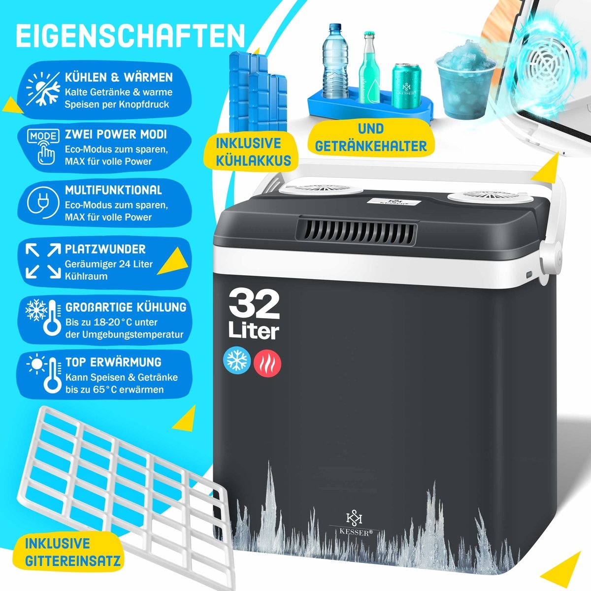 Elektrische Koelbox voor warm houden en koelen - 32 liter - 12V en 230V stekker - minikoelkast - met ECO-modus - zwart - Afbeelding 19
