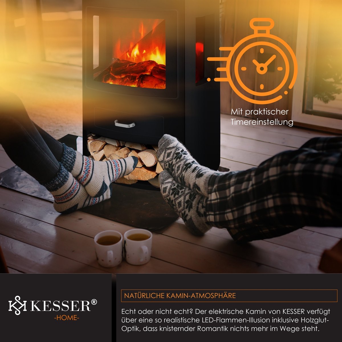 Sfeerhaard - elektrische haard met ventilatorkachel - hoogte 79 cm - afstandsbediening en WiFi App - 950/1900 Watt - LED vlam effect - timer - zwart - Afbeelding 4