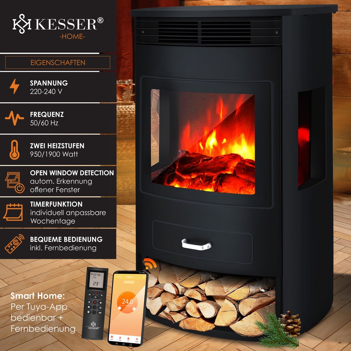 Sfeerhaard - elektrische haard met ventilatorkachel - hoogte 79 cm - afstandsbediening en WiFi App - 950/1900 Watt - LED vlam effect - timer - zwart - Afbeelding 5