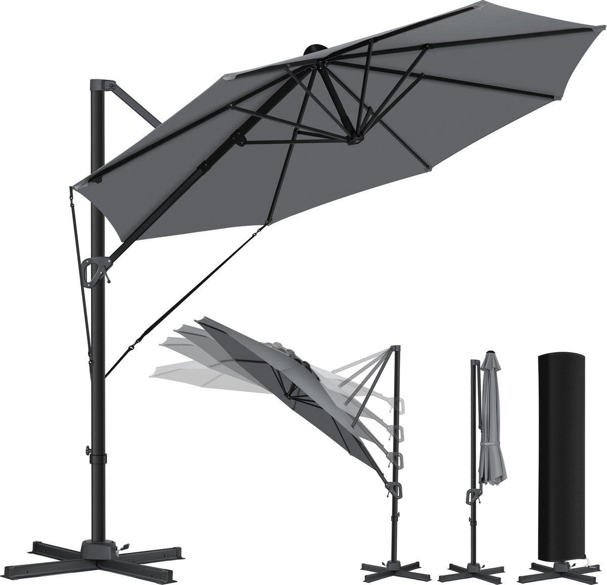 SUN luxe zweefparasol XL - diameter 330 - hangparasol - met beschermhoes - 360° draaibaar - UV50+