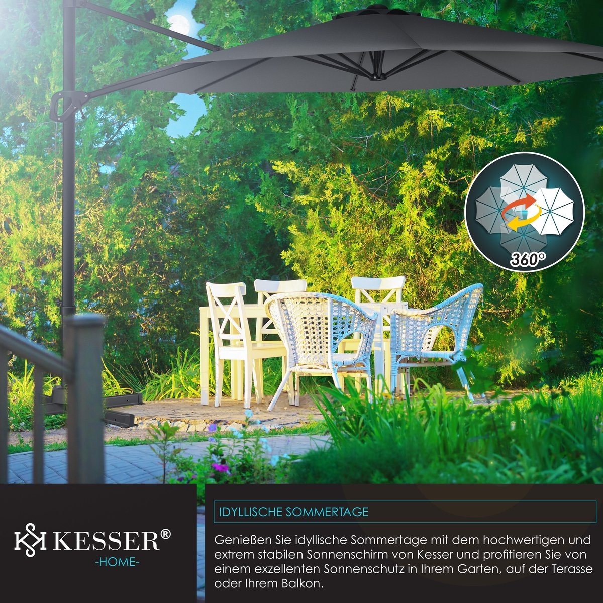 SUN luxe zweefparasol XL - diameter 330 - hangparasol - met beschermhoes - 360° draaibaar - UV50+ - Afbeelding 3