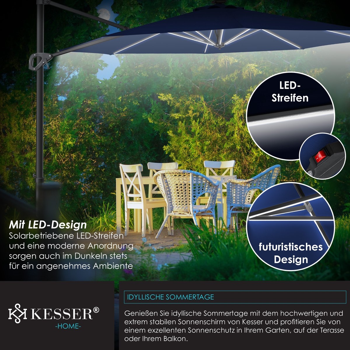 SUN luxe zweefparasol XL - diameter 330 - hangparasol - met beschermhoes - 360° draaibaar - UV50+ - Afbeelding 4