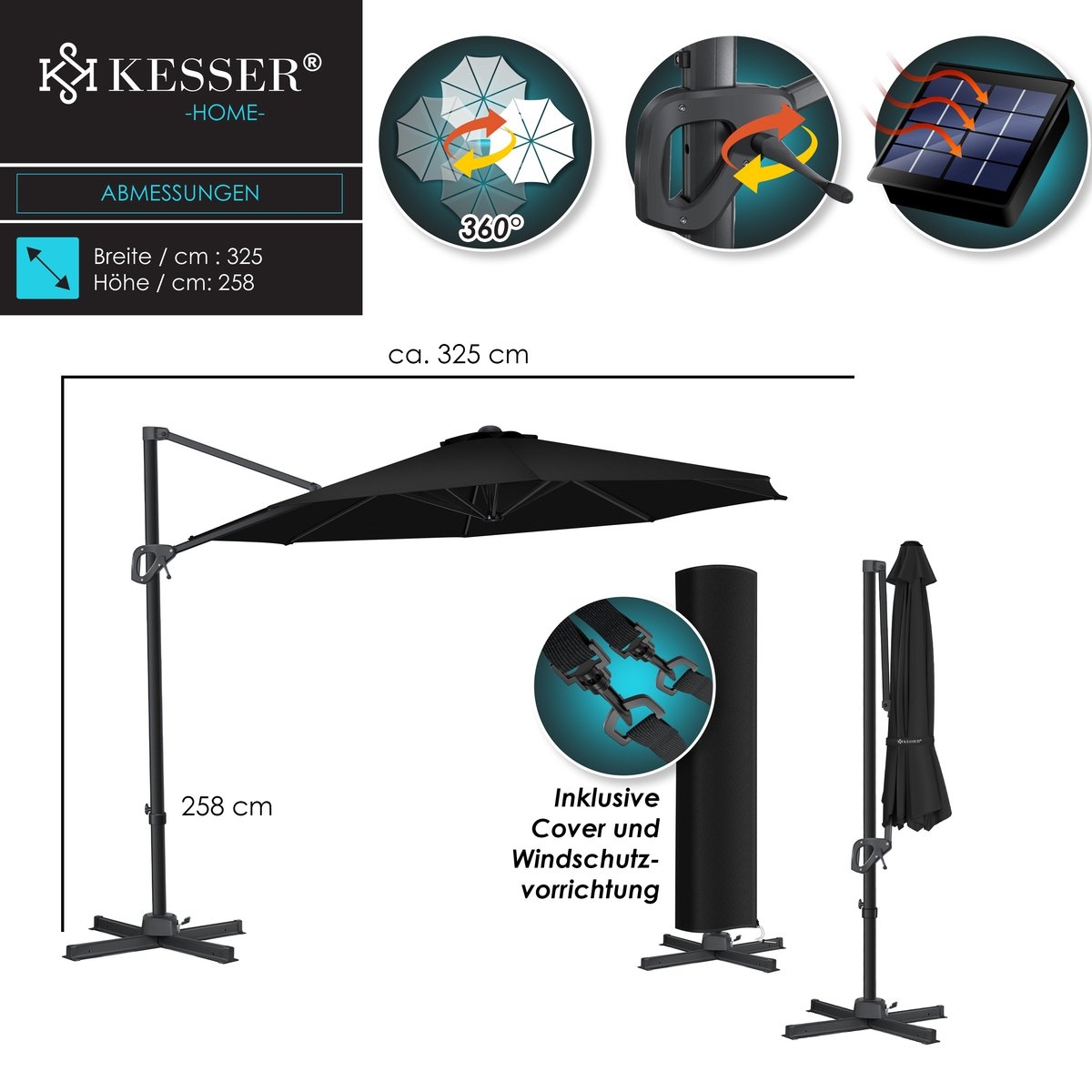 SUN luxe zweefparasol XL - diameter 330 - hangparasol - met beschermhoes - 360° draaibaar - UV50+ - Afbeelding 5