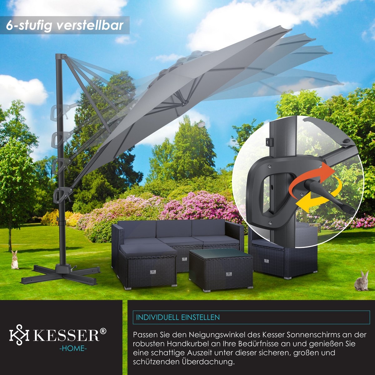 SUN luxe zweefparasol XL - diameter 330 - hangparasol - met beschermhoes - 360° draaibaar - UV50+ - Afbeelding 9