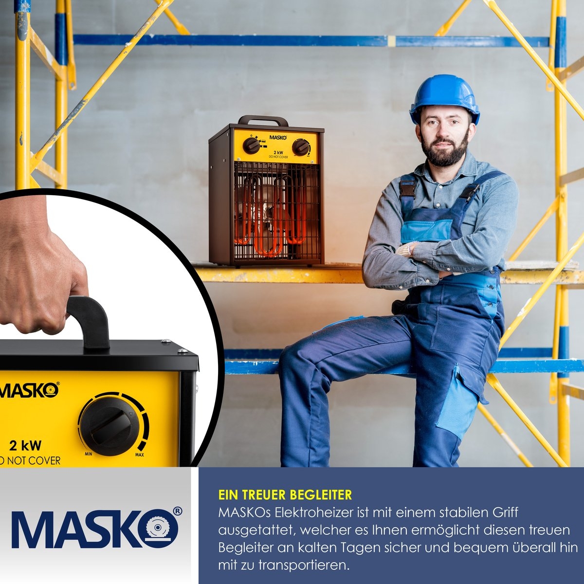 MASKO® Bouwkachel 2kW - Ventilatorkachel voor Binnen- en Buiten Elektrische Kachel Keramische Werkplaatskachel Electrische Verwarming 2000 Watt - Geel - Afbeelding 3