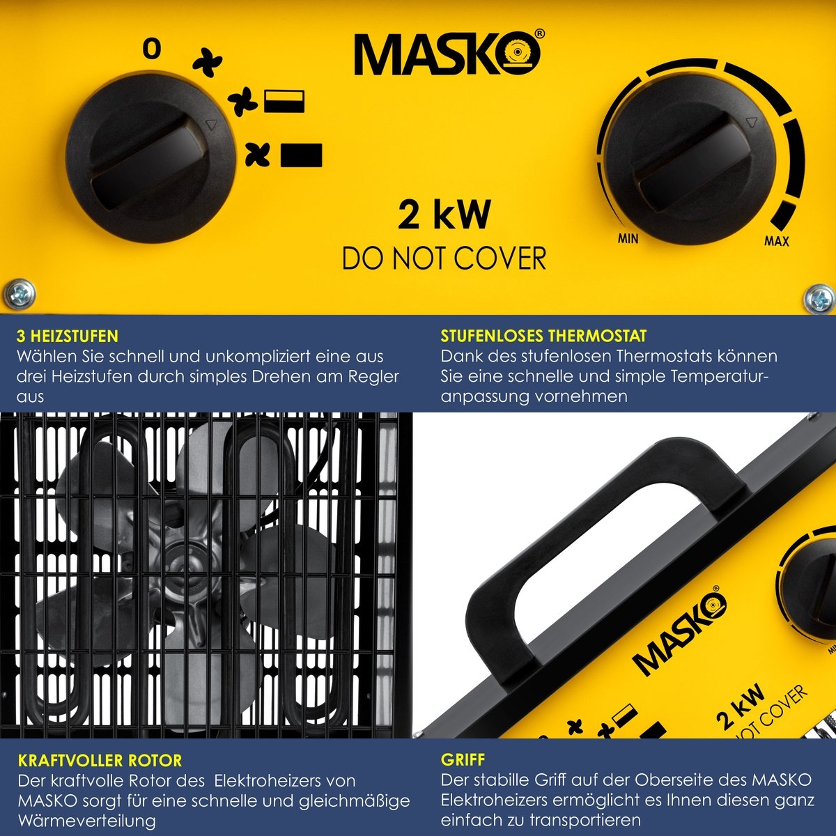 MASKO® Bouwkachel 2kW - Ventilatorkachel voor Binnen- en Buiten Elektrische Kachel Keramische Werkplaatskachel Electrische Verwarming 2000 Watt - Geel - Afbeelding 4