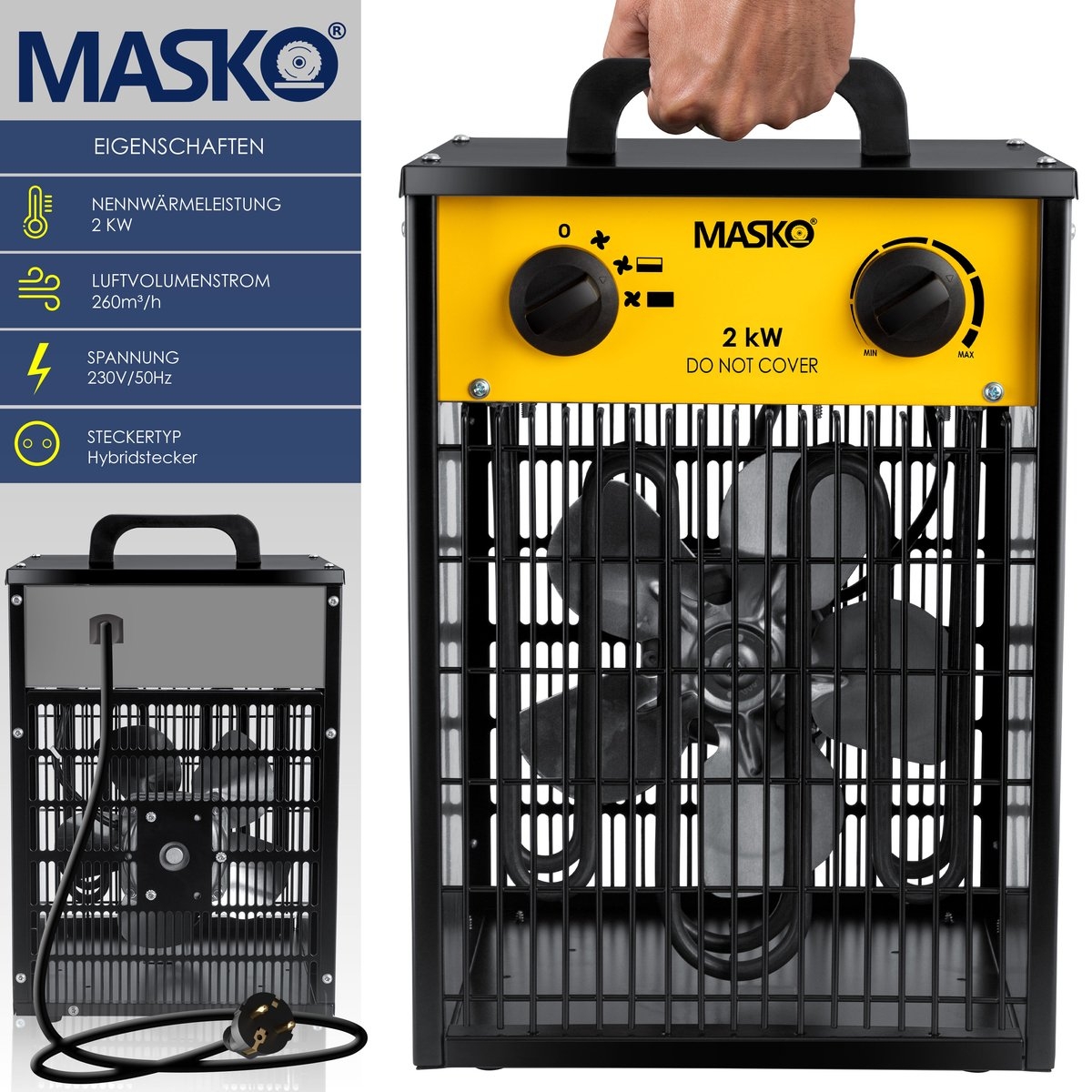 MASKO® Bouwkachel 2kW - Ventilatorkachel voor Binnen- en Buiten Elektrische Kachel Keramische Werkplaatskachel Electrische Verwarming 2000 Watt - Geel - Afbeelding 5