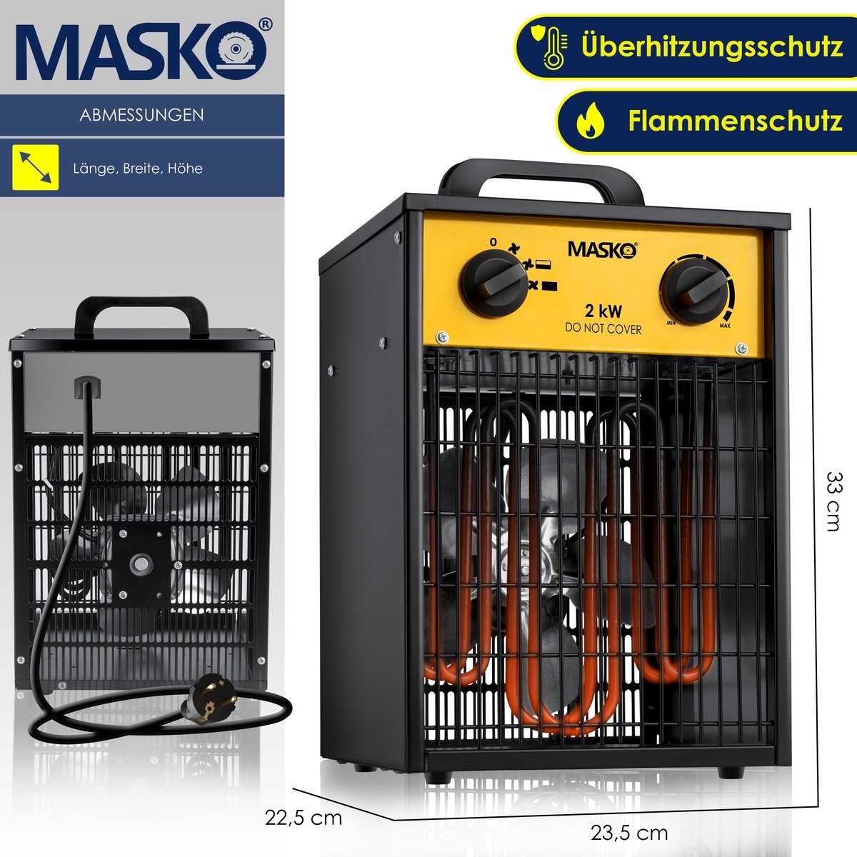 MASKO® Bouwkachel 2kW - Ventilatorkachel voor Binnen- en Buiten Elektrische Kachel Keramische Werkplaatskachel Electrische Verwarming 2000 Watt - Geel - Afbeelding 6
