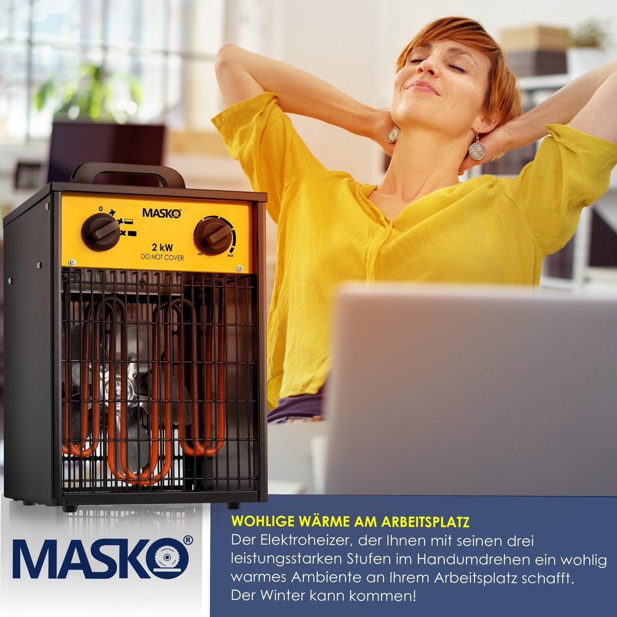 MASKO® Bouwkachel 2kW - Ventilatorkachel voor Binnen- en Buiten Elektrische Kachel Keramische Werkplaatskachel Electrische Verwarming 2000 Watt - Geel - Afbeelding 7
