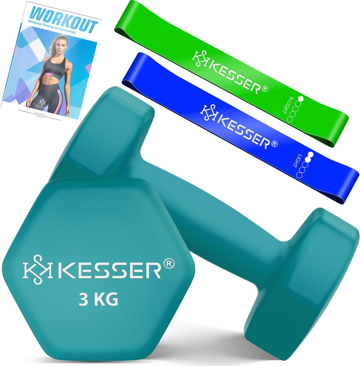 Dumbells set - 2x3 kg - krachttraining - 2x fitnessbanden - blauw