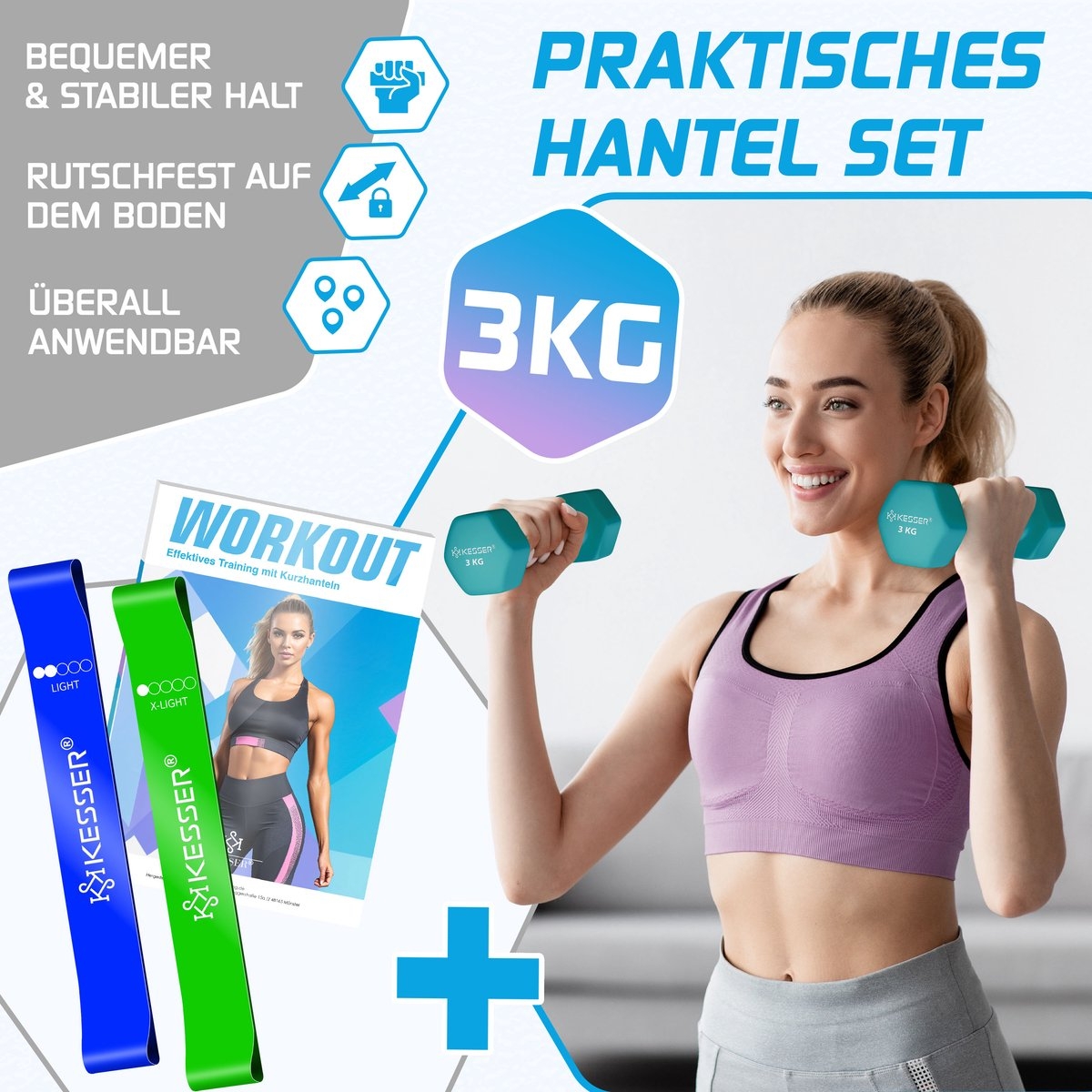Dumbells set - 2x3 kg - krachttraining - 2x fitnessbanden - blauw - Afbeelding 2