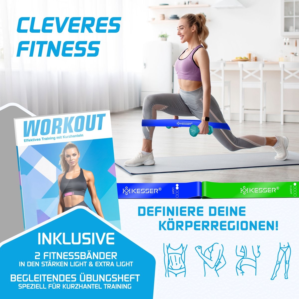 Dumbells set - 2x3 kg - krachttraining - 2x fitnessbanden - blauw - Afbeelding 3