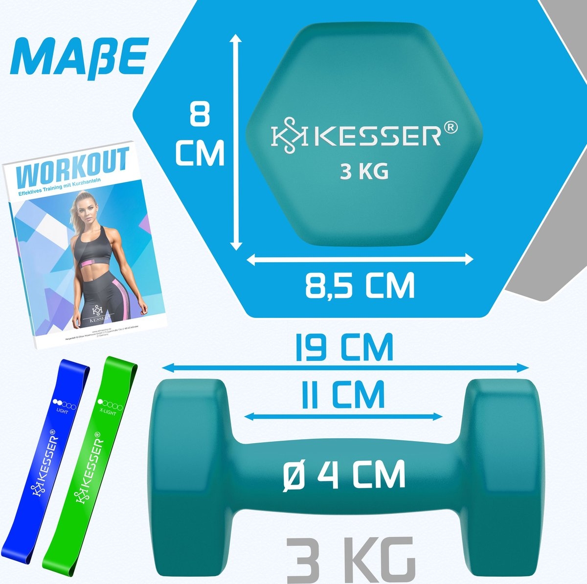Dumbells set - 2x3 kg - krachttraining - 2x fitnessbanden - blauw - Afbeelding 4