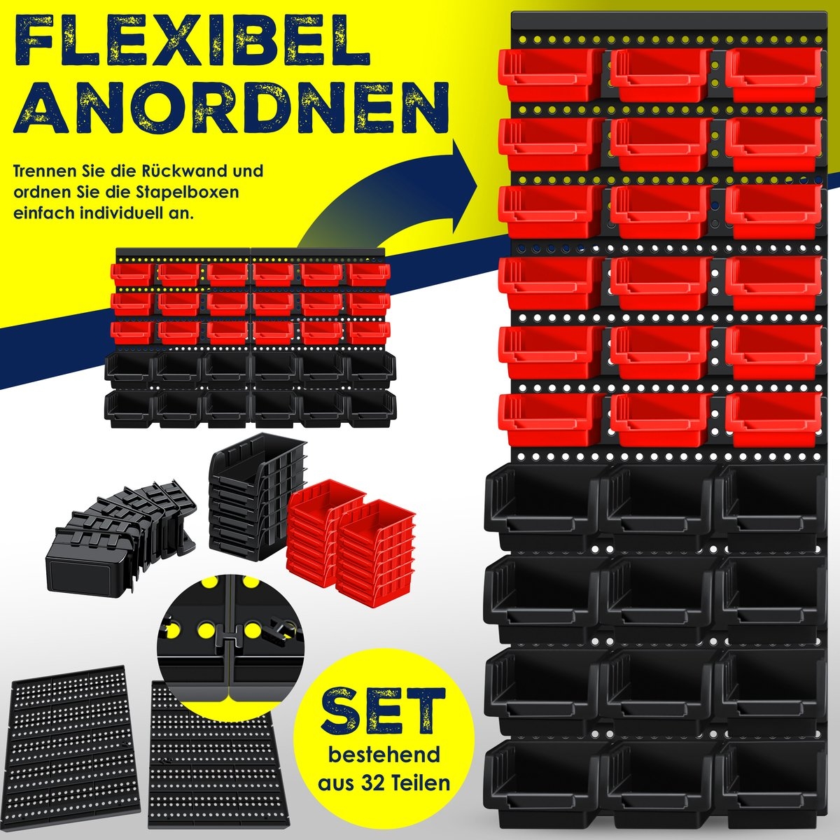 Wandrek 64x38 cm - 30 opbergbakken - gereedschapshouder - opbergrek - Afbeelding 12