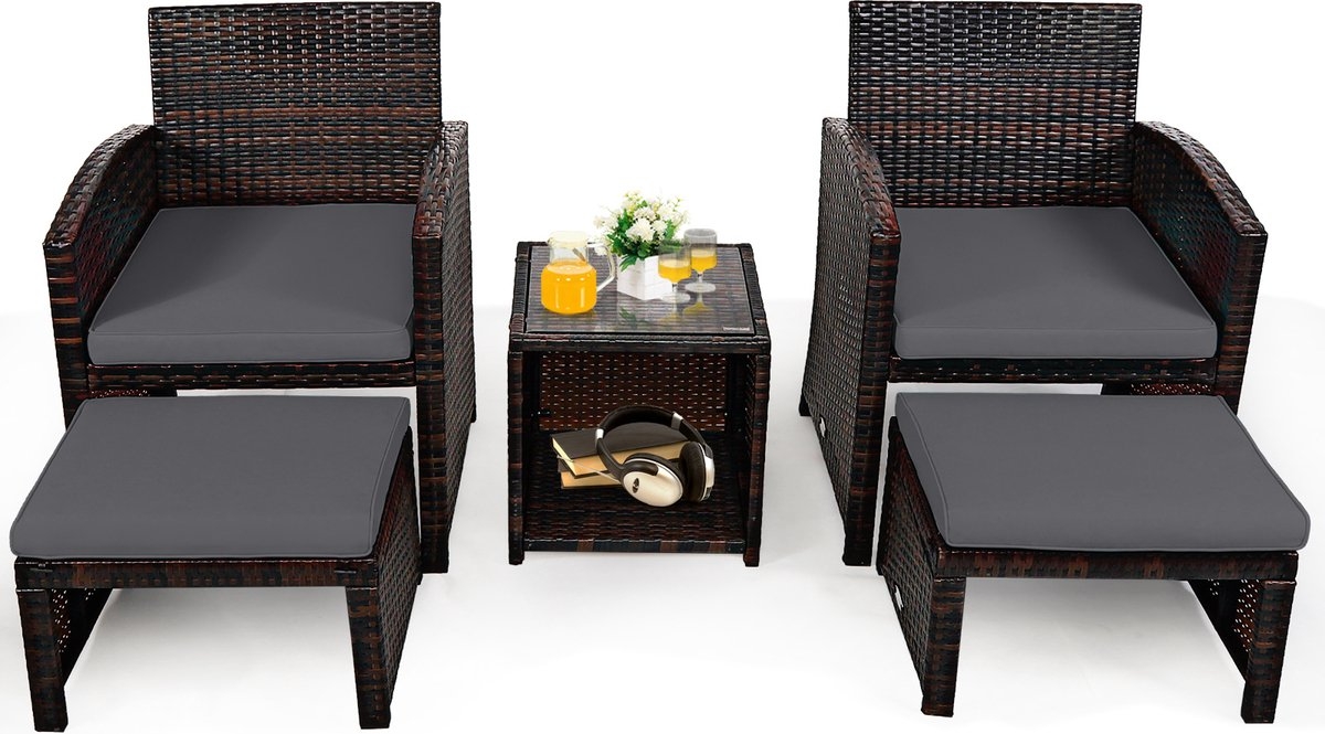 Coast - 5-Delige tuinmeubel set - voor tuin en balkon - 2x tuinstoel met krukje en tafeltje - rotan - bruin met grijs