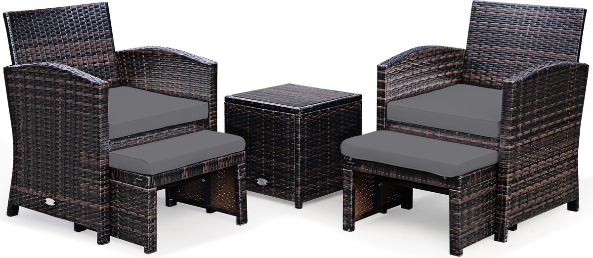 Coast - 5-Delige tuinmeubel set - voor tuin en balkon - 2x tuinstoel met krukje en tafeltje - rotan - bruin met grijs - Afbeelding 2