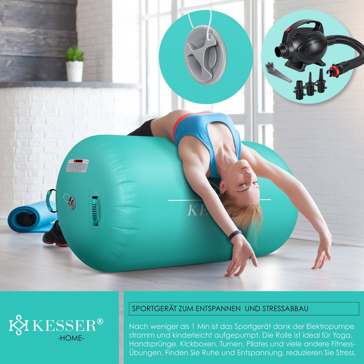 Grote opblaasbare fitnessrol - air roll - 100x60 cm - met elektrische pomp - mint groen - voor gymnastiek - Afbeelding 3