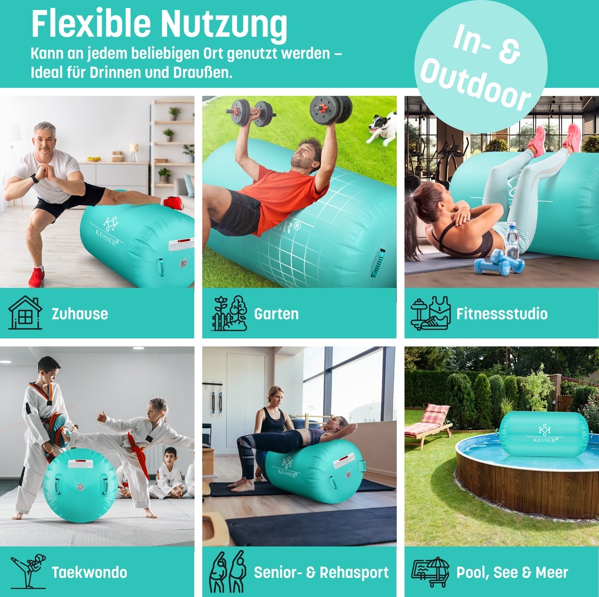 Grote opblaasbare fitnessrol - air roll - 100x60 cm - met elektrische pomp - mint groen - voor gymnastiek - Afbeelding 4
