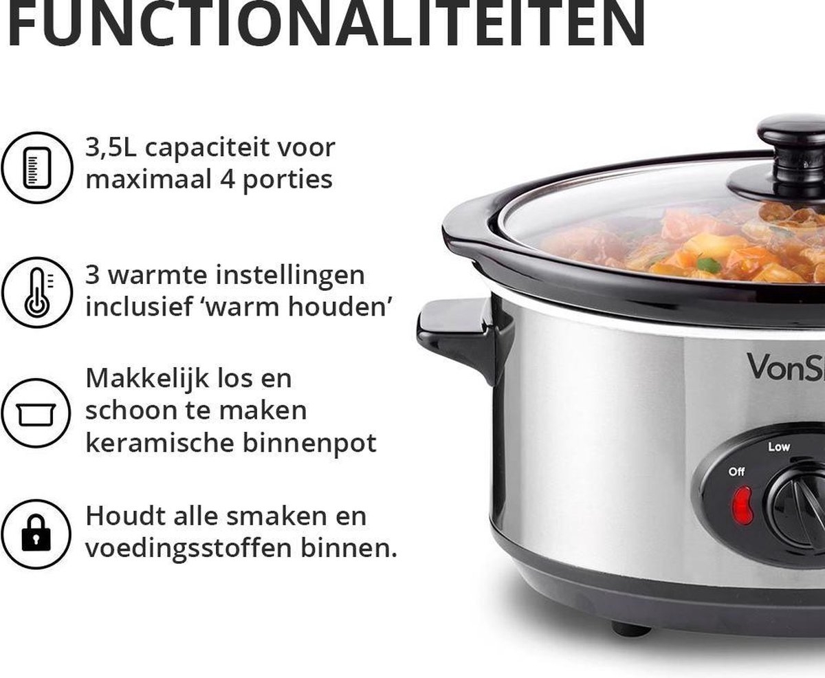 VonShef Slowcooker | 3,5L | 3 warmtestanden | RVS | Veilig in gebruik - Afbeelding 4