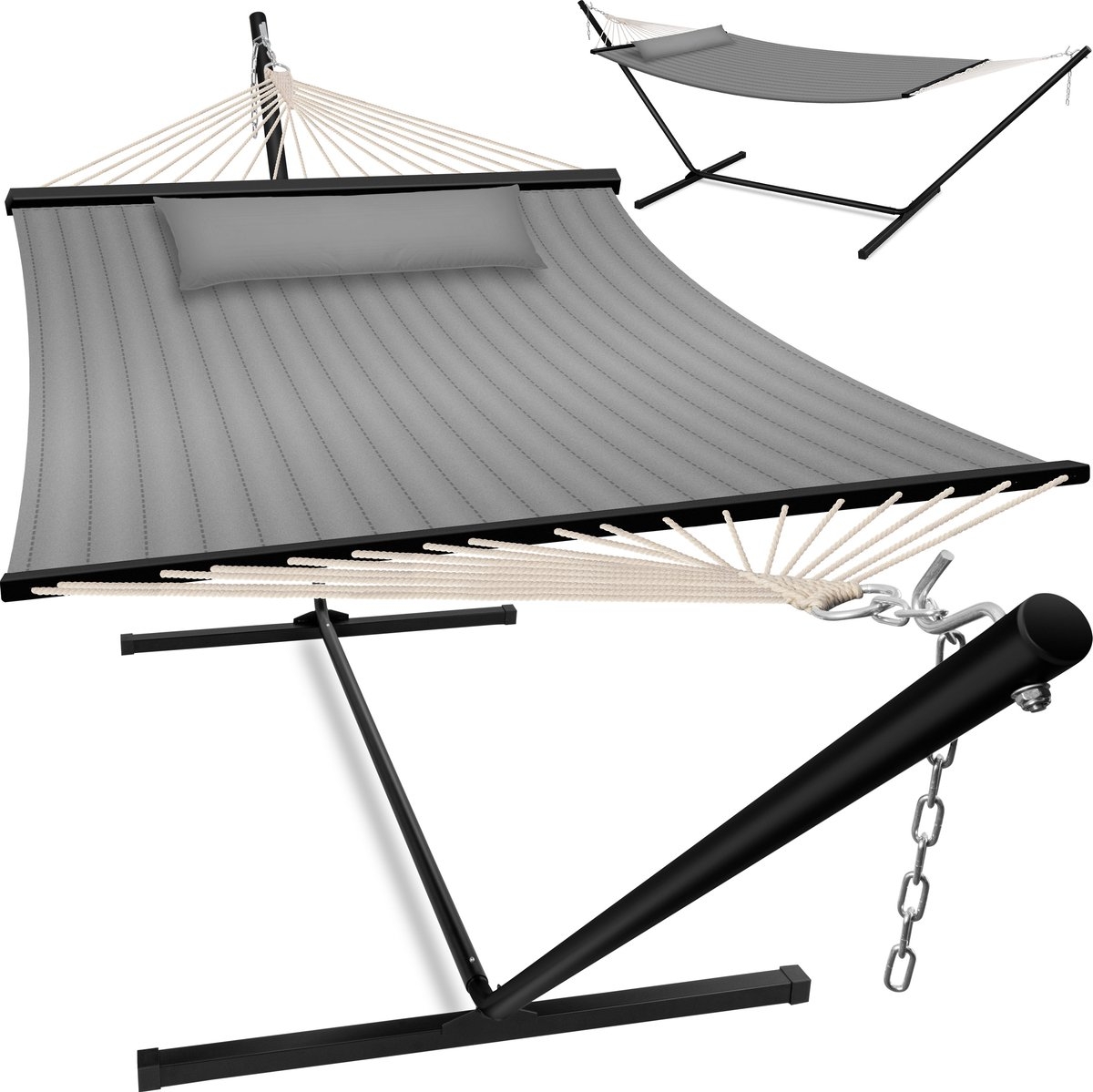 Hangmat hill - dubbele hangmat - 2 personen - 200kg draagvermogen - met kussen - metalen frame - grijs