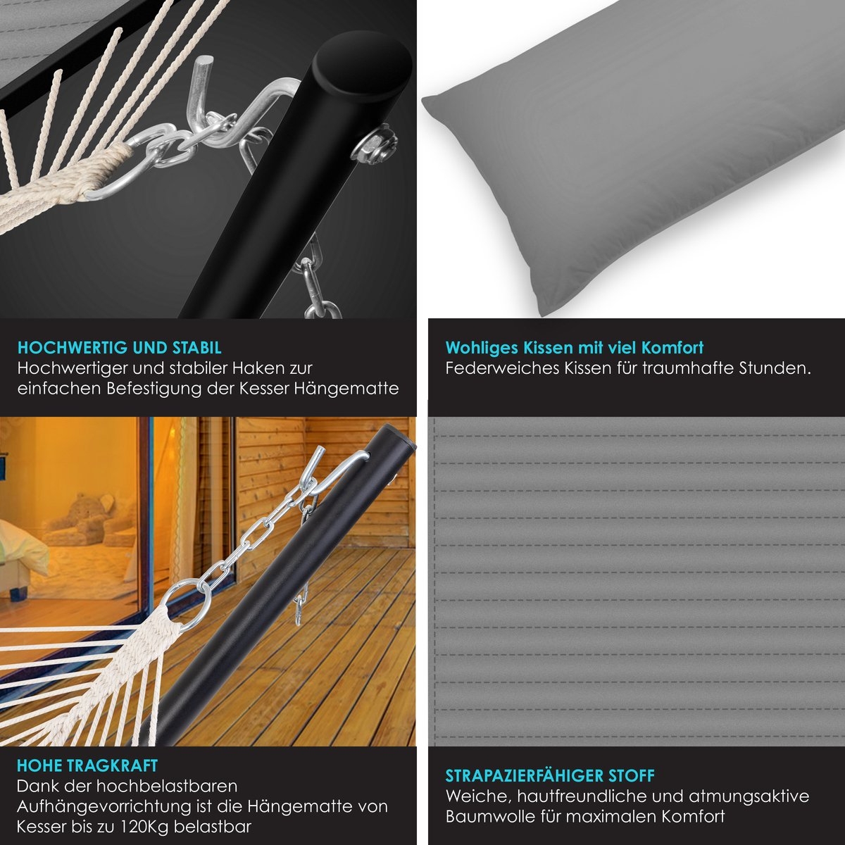 Hangmat hill - dubbele hangmat - 2 personen - 200kg draagvermogen - met kussen - metalen frame - grijs - Afbeelding 4
