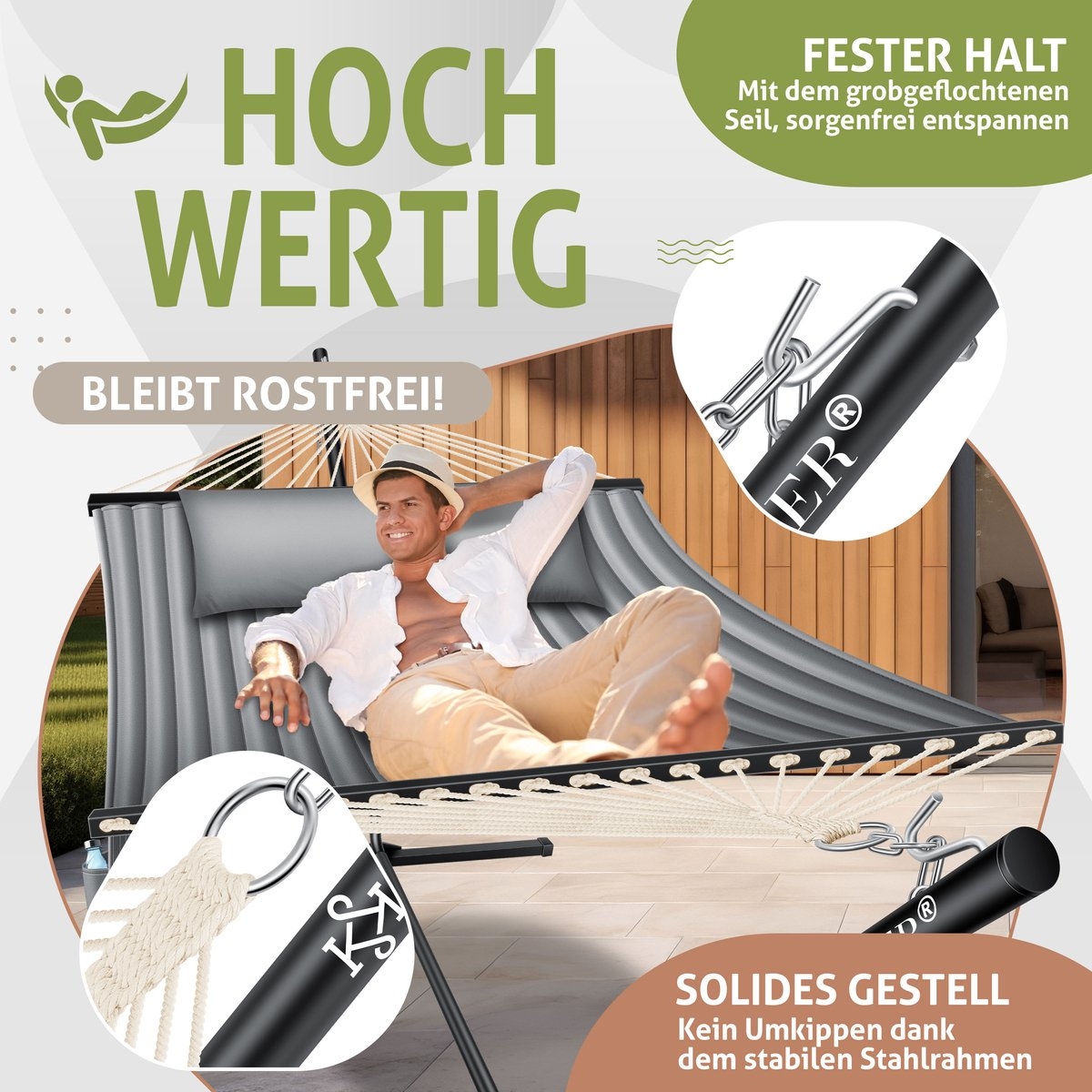 Hangmat hill - dubbele hangmat - 2 personen - 200kg draagvermogen - met kussen - metalen frame - grijs - Afbeelding 6
