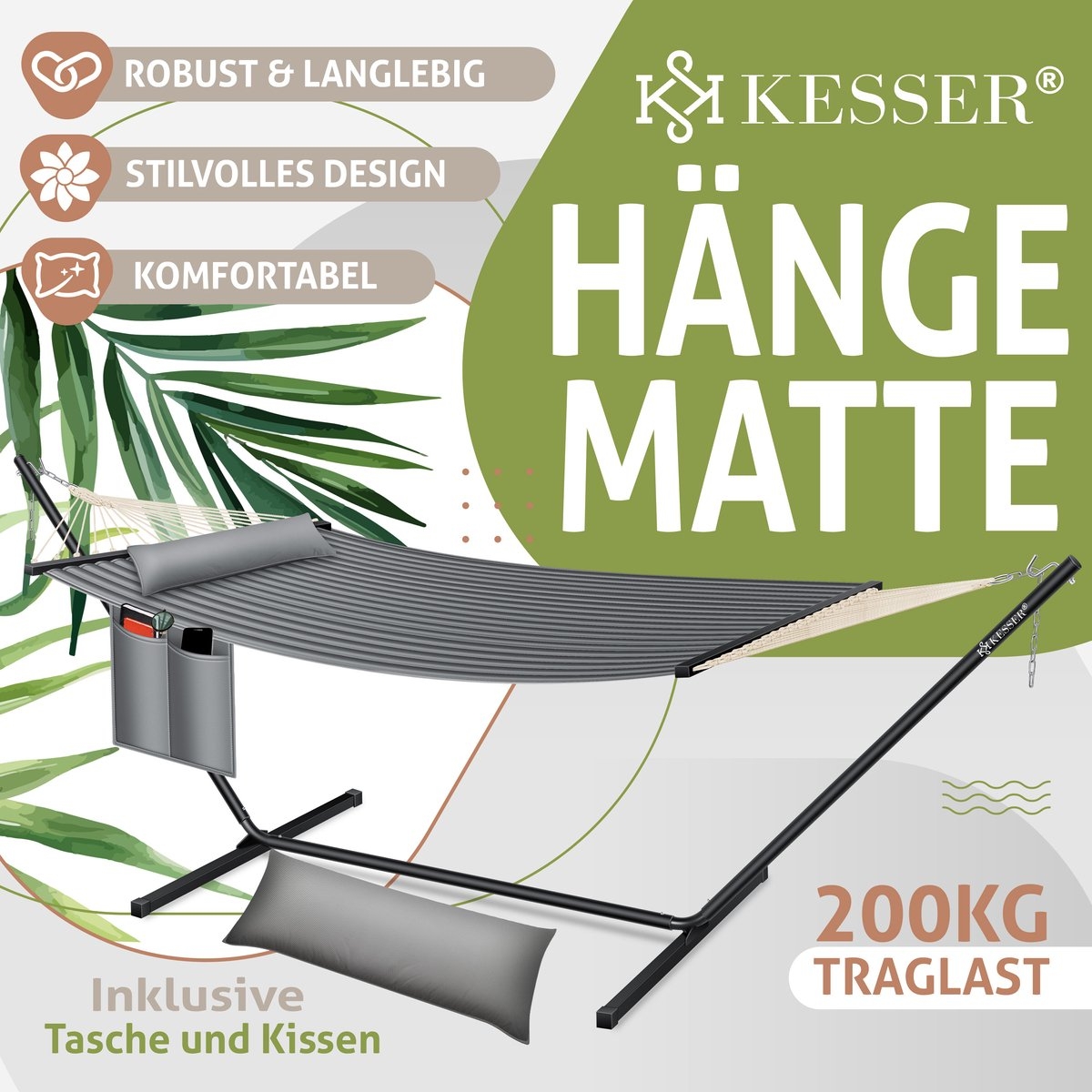 Hangmat hill - dubbele hangmat - 2 personen - 200kg draagvermogen - met kussen - metalen frame - grijs - Afbeelding 7