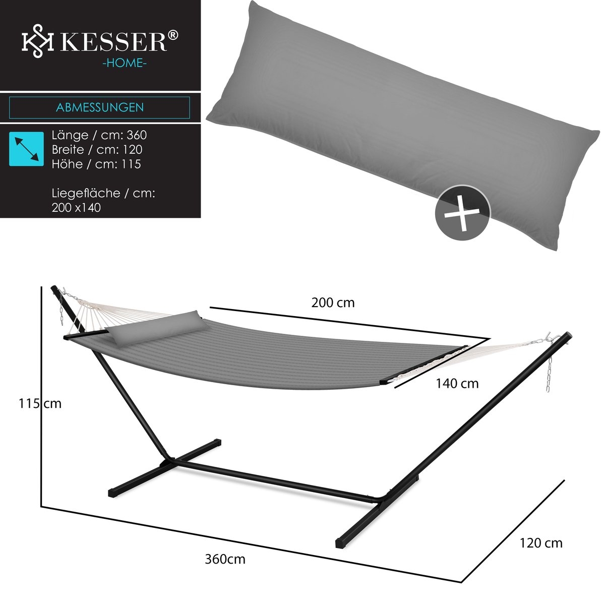 Hangmat hill - dubbele hangmat - 2 personen - 200kg draagvermogen - met kussen - metalen frame - grijs - Afbeelding 8