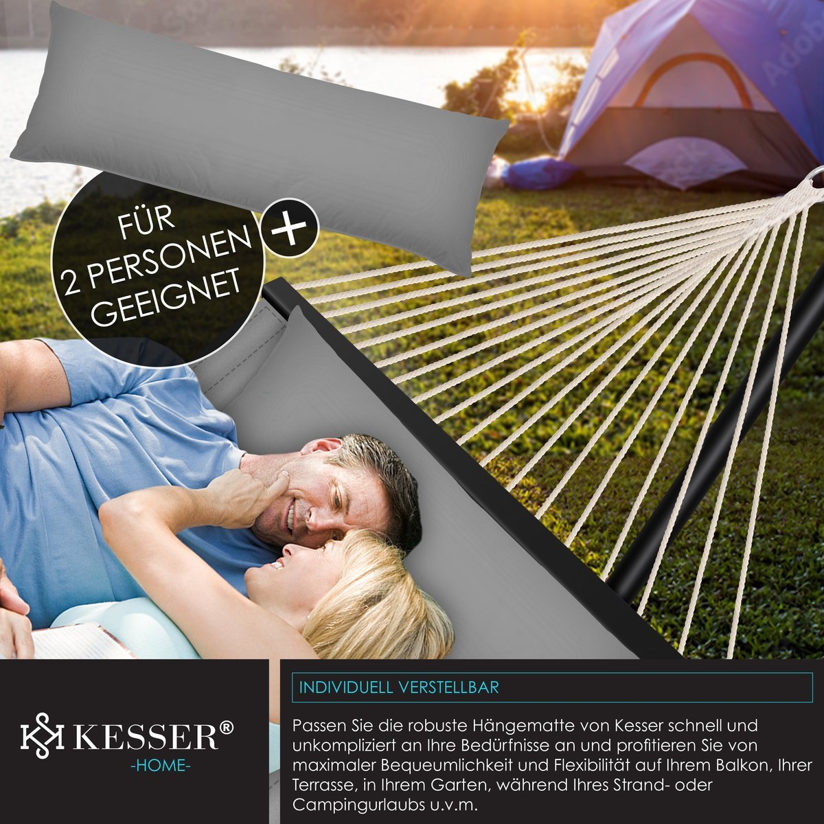 Hangmat hill - dubbele hangmat - 2 personen - 200kg draagvermogen - met kussen - metalen frame - grijs - Afbeelding 10