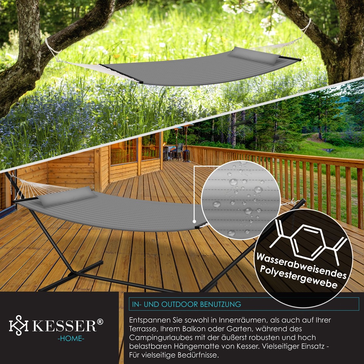 Hangmat hill - dubbele hangmat - 2 personen - 200kg draagvermogen - met kussen - metalen frame - grijs - Afbeelding 11