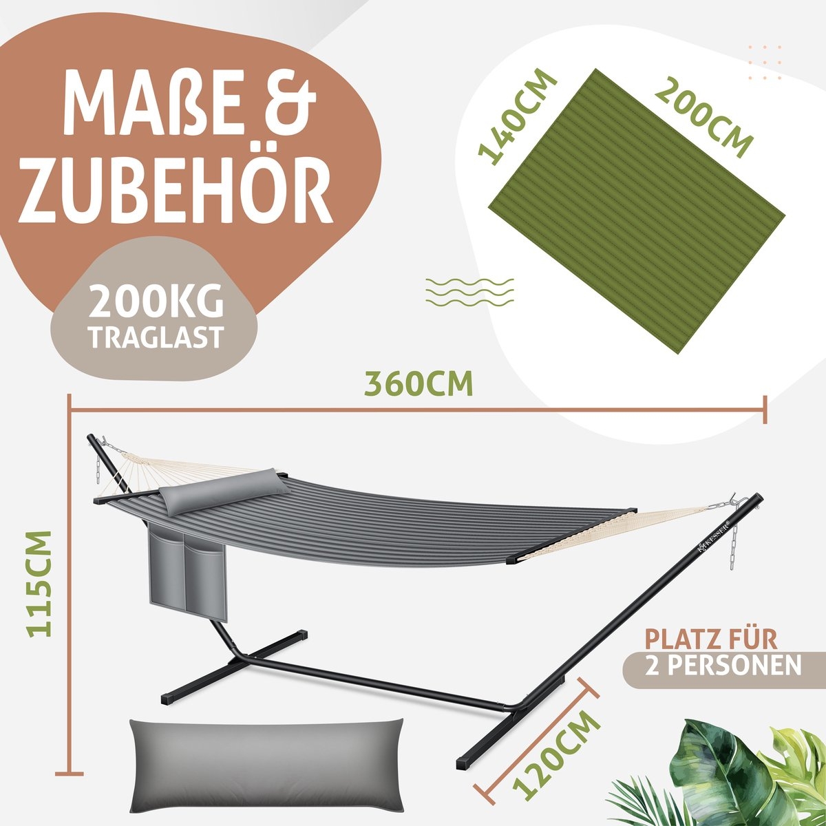 Hangmat hill - dubbele hangmat - 2 personen - 200kg draagvermogen - met kussen - metalen frame - grijs - Afbeelding 12