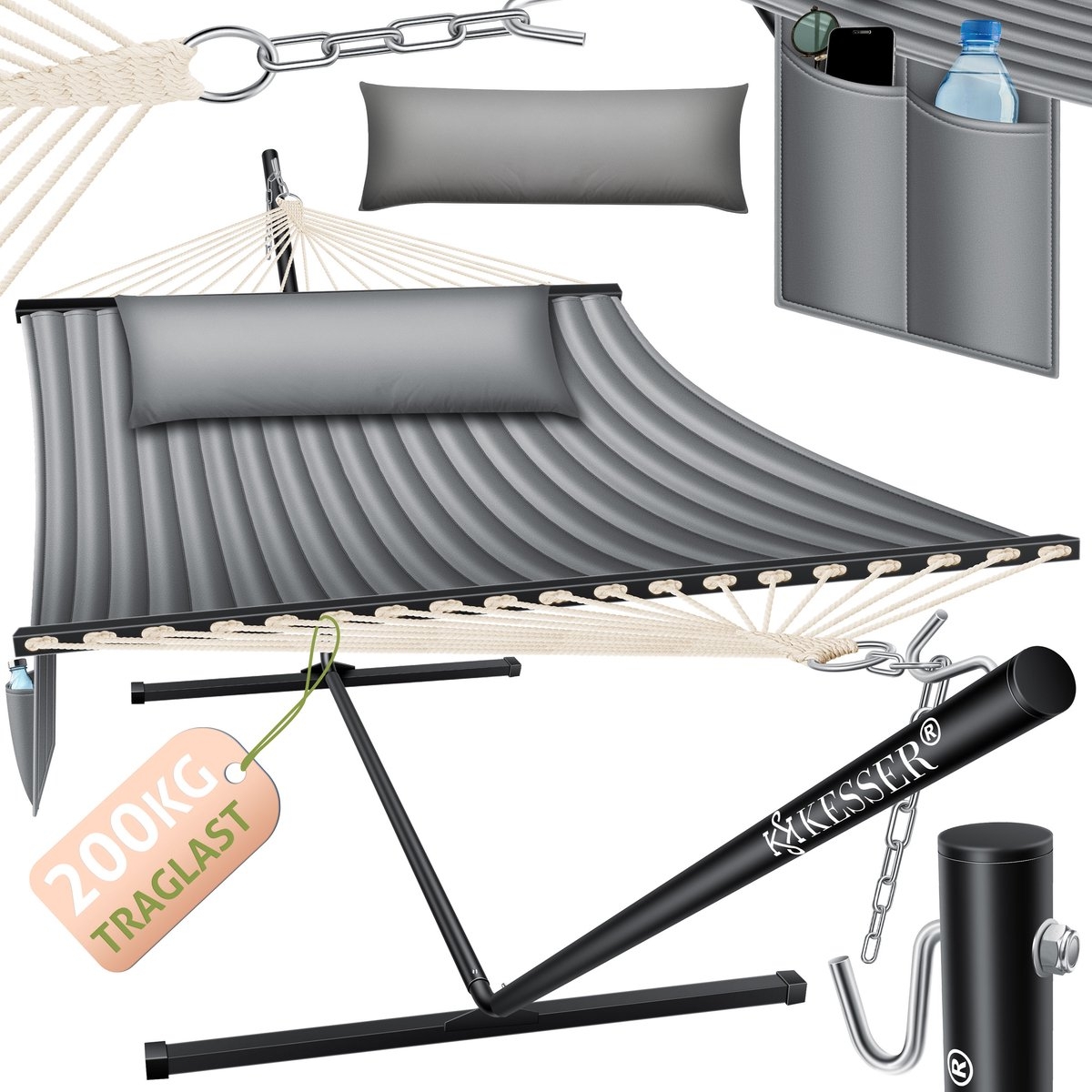 Hangmat hill - dubbele hangmat - 2 personen - 200kg draagvermogen - met kussen - metalen frame - grijs - Afbeelding 13