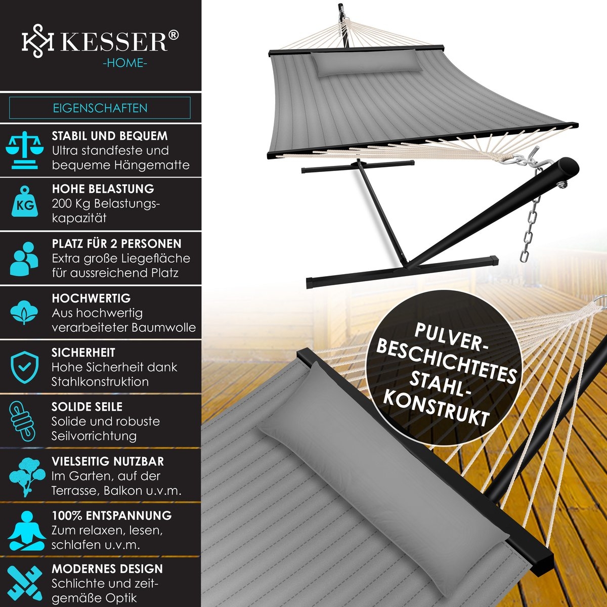 Hangmat hill - dubbele hangmat - 2 personen - 200kg draagvermogen - met kussen - metalen frame - grijs - Afbeelding 15