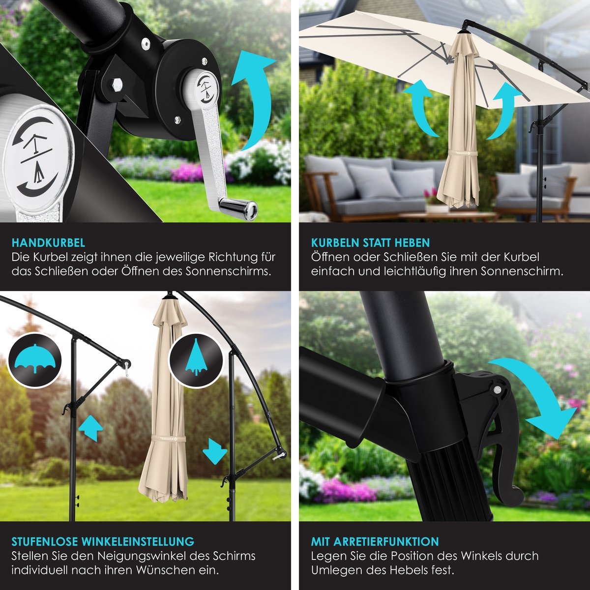 Zweefparasol holly - vierkant - diameter 350 cm - met hoes - beige - Afbeelding 6