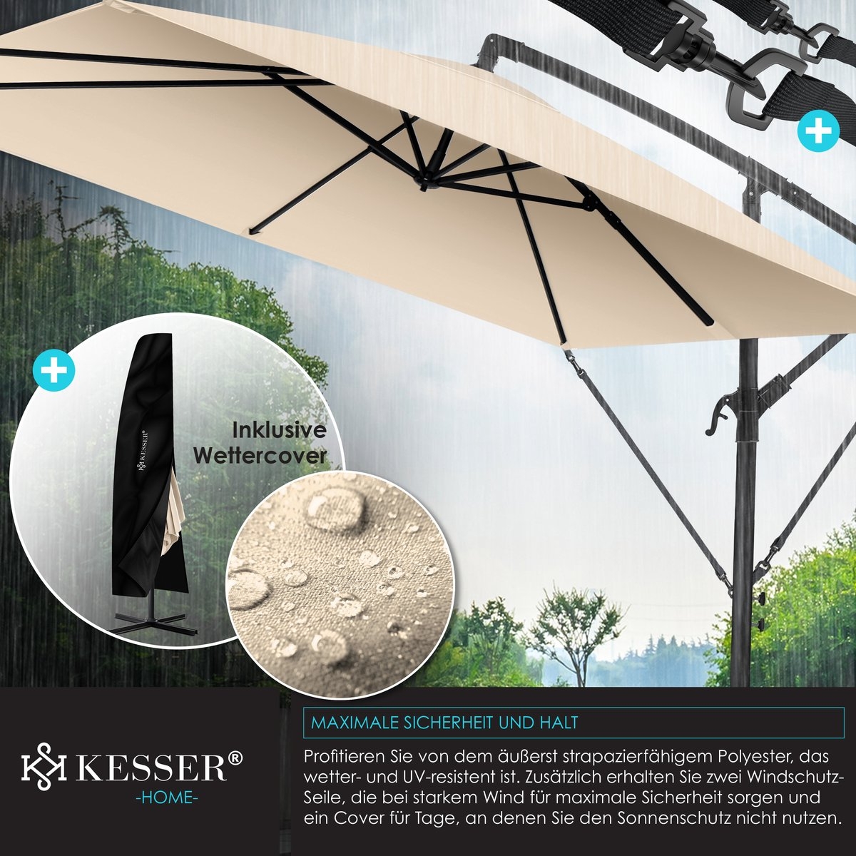 Zweefparasol holly - vierkant - diameter 350 cm - met hoes - beige - Afbeelding 7