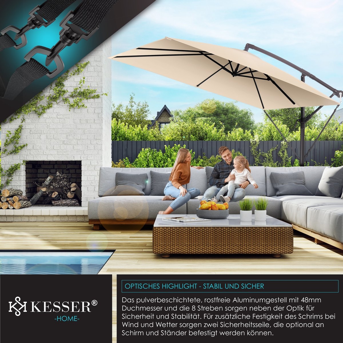 Zweefparasol holly - vierkant - diameter 350 cm - met hoes - beige - Afbeelding 9