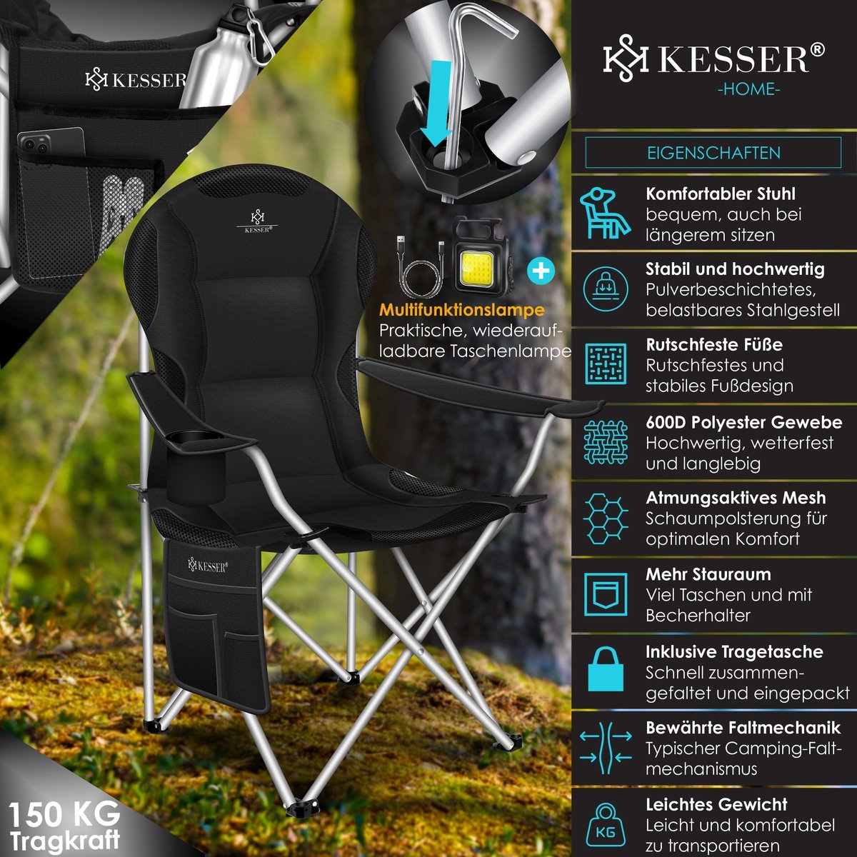 Campingstoel tot 150 kg - kampeerstoel met bekerhouder en tas - opvouwbaar - zwart - Afbeelding 2