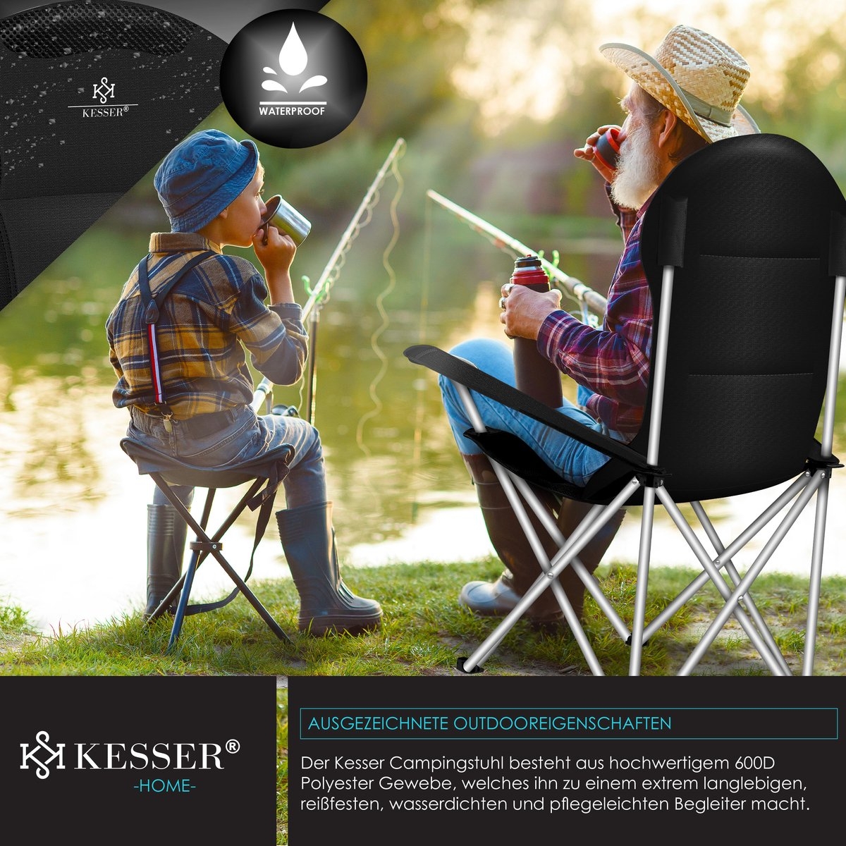 Campingstoel tot 150 kg - kampeerstoel met bekerhouder en tas - opvouwbaar - zwart - Afbeelding 3