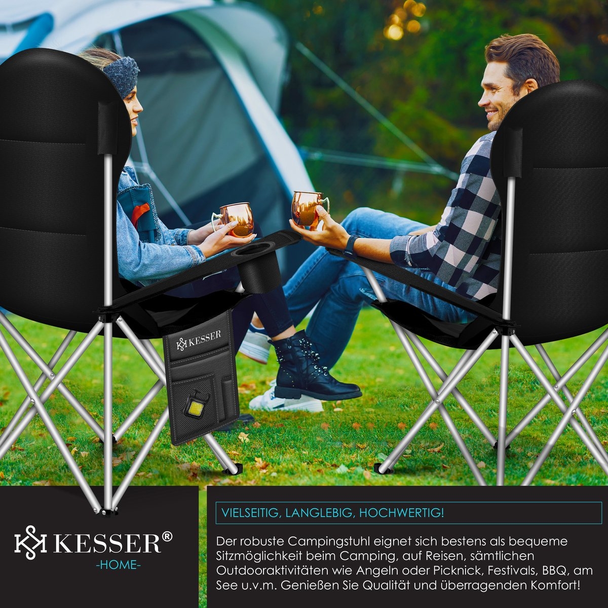 Campingstoel tot 150 kg - kampeerstoel met bekerhouder en tas - opvouwbaar - zwart - Afbeelding 6