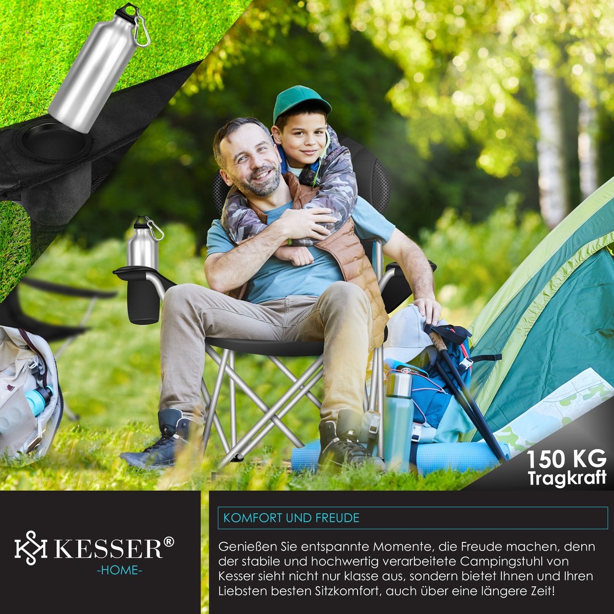 Campingstoel tot 150 kg - kampeerstoel met bekerhouder en tas - opvouwbaar - zwart - Afbeelding 7
