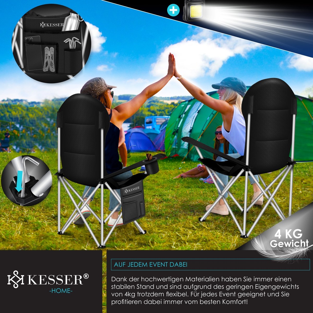 Campingstoel tot 150 kg - kampeerstoel met bekerhouder en tas - opvouwbaar - zwart - Afbeelding 8